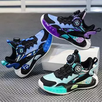 Кроссовки для мальчиков весна/осень/зима Баскетбольные кроссовки Легкие спортивные модные кроссовки для девочек с вращающимися кнопками 32 озеро зеленый