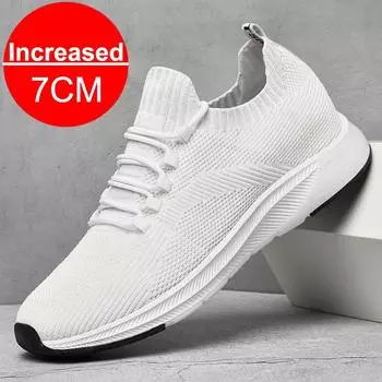 Кроссовки для мужчин с невидимой внутренней частью 7 см, увеличивающие рост, летняя спортивная обувь с высокой посадкой, спортивная дышащая сетчатая обувь для увеличения роста 37 белый