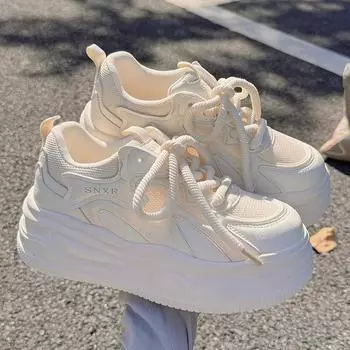 Кроссовки для отдыха на толстой подошве для женщин, сетчатые, на шнуровке, на высоком каблуке, с круглым носком, для женщин, на плоской платформе, вулканизированные туфли 35 бежевый