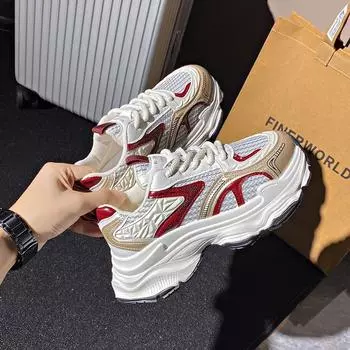 Кроссовки для пап на платформе, детская, осень 2024, новые универсальные, модные, увеличивающие рост, повседневные, спортивные, кроссовки для бега 35 красный