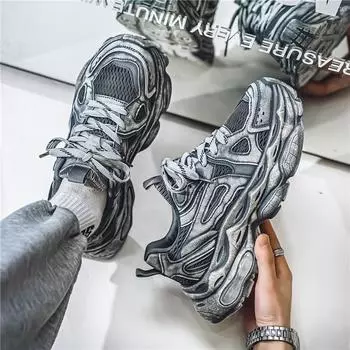 Кроссовки для пап в гонконгском стиле, мужские, осенние, модные, молодежные, сетчатые, повседневные, кроссовки с толстой подошвой, усиливающие старую спортивную обувь 39 чёрный