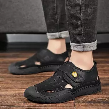 Кроссовки для снятия обуви мужские сандалии из натуральной кожи с одной педалью дышащие туфли большого размера с отверстиями 38 чёрный