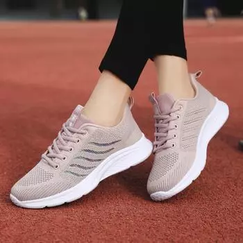 Кроссовки Four Seasons Flying Weaving женские 2024 Весна Плоская подошва Шнуровка Flying Weaving Дышащая Легкая Повседневная Обувь Мягкая Подошва R 35 белый