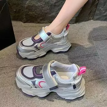 Кроссовки Fried Street на толстой подошве для папы, женские, весна-лето 2024, новые сетчатые, дышащие, с подошвой из дуриана, в стиле ретро, увеличивающие высоту кроссовки 35 серый