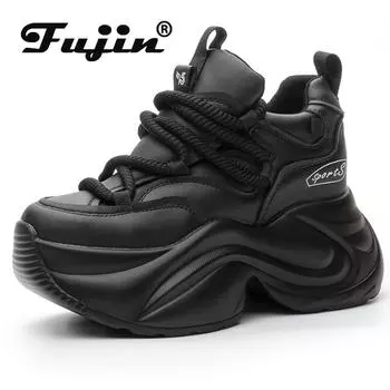 Кроссовки Fujin на танкетке 9 см, массивные, из натуральной кожи, женская летняя обувь, кроссовки для ходьбы на весну и осень, вулканизированная мода 34 белый