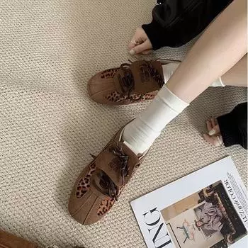 Кроссовки Grape Mom Studiolee Vintage Round Head с леопардовым принтом Flip Actual Soft Leather Lace-up Dexun Forrest Gump Board Shoes Womens Autumn 35