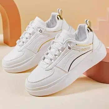 Кроссовки HOHO FAIR Белые туфли Женская кожаная спортивная обувь Кроссовки для скейтборда на плоской подошве 35 золотой/белый