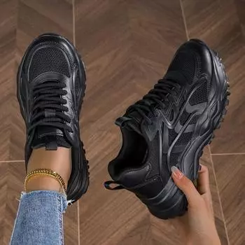 Кроссовки HOHO FAIR женские черные кроссовки сетчатые дышащие на толстой подошве спортивная обувь женская повседневная платформа папины туфли 35 чёрный