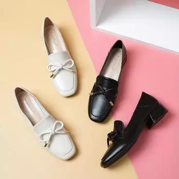 Кроссовки из цельной кожи женские на низком квадратном каблуке на плоской подошве с бантом Mary Jeans Loli Shoes Girl Preppy Oxford Female Big Size Loafers 4.5 абрикосовый