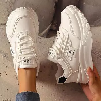 Кроссовки из искусственной кожи белого цвета на платформе, женские, с круглым носком, на шнуровке, повседневные спортивные туфли, женские, удобные, с толстой подошвой, вулканизированные туфли Mujer 35 белый