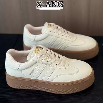 Кроссовки из натуральной кожи для женщин. Весенние туфли для досок на толстой подошве, повседневные спортивные маленькие белые туфли. 35