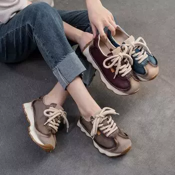 Кроссовки из натуральной кожи Johnature, универсальная повседневная спортивная обувь, женские туфли на плоской подошве со шнуровкой и круглым носком 35 синий