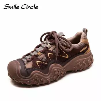 Кроссовки из натуральной кожи с круглым носком и шнуровкой. Удобная модная повседневная обувь. 35 коричневый