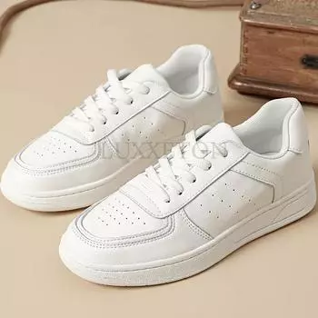 Кроссовки из натуральной кожи с плоским дном и неглубокой подошвой, с низким вырезом, однотонные, универсальные, сетчатые, удобные и дышащие, спортивная обувь 35 белый