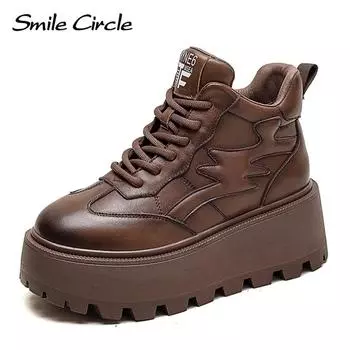 Кроссовки из натуральной кожи, женская зимняя теплая повседневная обувь, модная обувь в стиле ретро на толстой подошве 35 коричневый
