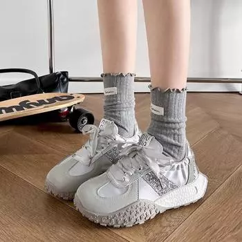 Кроссовки из серебристого атласа для женщин, летние дышащие кроссовки Forrest Gump 2024 года, новая тонкая версия, повседневная спортивная обувь из белого холста 35 серебряный