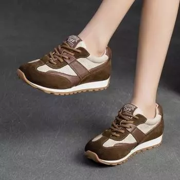 Кроссовки Johnature из натуральной кожи, повседневная спортивная обувь, универсальные женские туфли на плоской подошве в стиле ретро с круглым носком на шнуровке 35 бежевый