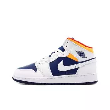 кроссовки Jordan 1 Mid White Laser Orange Deep Royal Blue (GS) 554725-131
