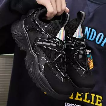 Кроссовки Кроссовки Интернет знаменитости на толстой подошве, весенние, низкие, плетеные, новые мужские туфли Повседневная обувь для пап Корейская версия Тренд универсальный 39 чёрный