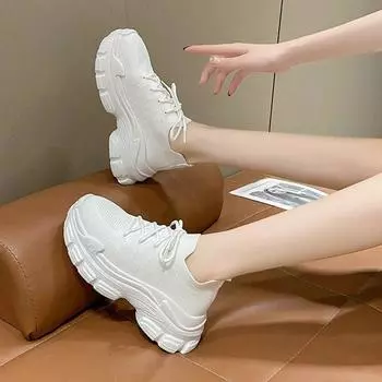 Кроссовки Mesh Surface Clunky, женские туфли-носки на платформе, дышащие, женские, новые летние, увеличивающие рост, белые туфли без застежек 35