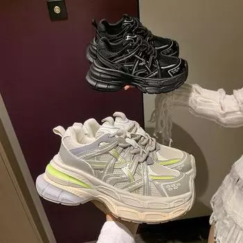 Кроссовки Muffin с толстой подошвой из сетчатой ткани, дышащие, женские, новинка 2024 года, на шнуровке, подходят для всех сезонов, удобная повседневная обувь 35 чёрный