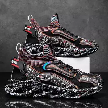 Кроссовки мужские 2025 Guochao с принтом подошва на высокой платформе мужская обувь большого размера граффити папа мужская обувь 39 белый