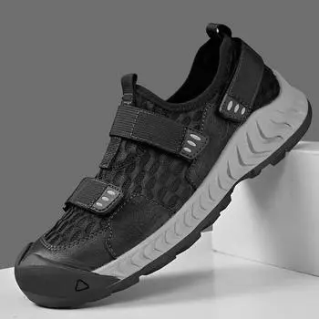 Кроссовки мужские 2025 новые летние дышащие сетчатые туфли мужские кожаные на липучке с мягкой подошвой одна педаль сумка обувь 38 чёрный