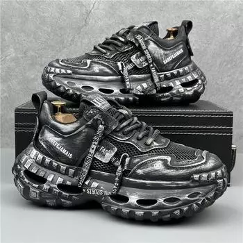 Кроссовки мужские дизайнерские кроссовки на толстой подошве с шинами, модные повседневные кожаные сетчатые дышащие спортивные туфли на платформе с увеличенной высотой 38 чёрный
