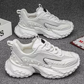 Кроссовки мужские дизайнерские кроссовки на толстой подошве с шинами, модные повседневные кожаные сетчатые дышащие спортивные туфли на платформе с увеличенной высотой 39 чёрный