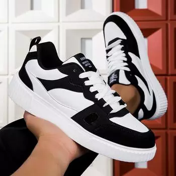 Кроссовки мужские для активного отдыха, удобные кожаные мужские туфли на платформе, повседневные туфли на шнуровке из вулканизированной стали, черно-белые, для ходьбы 42 черный белый