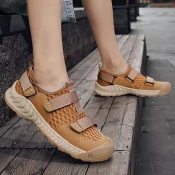 Кроссовки, мужские новые летние сандалии без шнуровки с закрытым носком из дышащей сетки на липучке и мягкой подошвой 38 чёрный