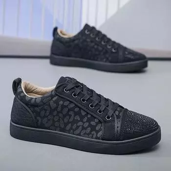 Кроссовки мужские со стразами, повседневная обувь для ходьбы, леопардовый принт, спортивные мужские кроссовки для мужчин, дизайнерская мужская обувь на платформе 39 чёрный