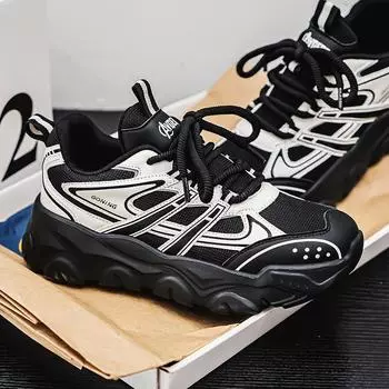 Кроссовки мужские весенние новые трендовые сетчатые дышащие молодежные повседневные кроссовки на платформе нескользящие папины модные туфли 39 чёрный