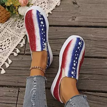 Кроссовки на День независимости Женские парусиновые туфли с принтом Четвертого июля Эспадрильи Повседневная обувь на платформе Мягкие туфли на плоской подошве Мокасины без застежек EUR 36 синий