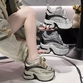 Кроссовки на массивном каблуке 10 см, весенне-осенняя вентилируемая женская обувь, удобная повседневная кожаная обувь, модная женская повседневная обувь 34 серебряный