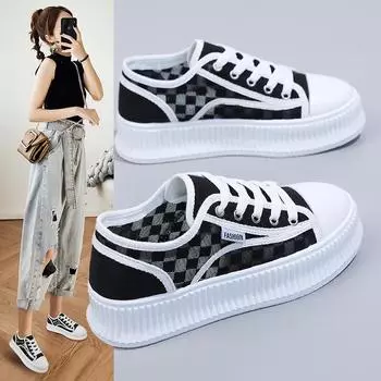 Кроссовки на платформе Женская обувь 2024 года Модная парусиновая обувь Повседневная женская спортивная обувь на плоской подошве со шнуровкой Zapatillas Mujer Chaussure Femme 35 чёрный