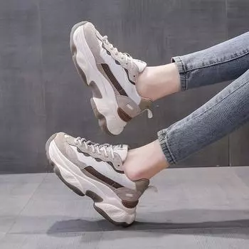 Кроссовки на платформе, женские замшевые кожаные лоскутные кроссовки с круглым носком, разноцветные женские кроссовки на массивной подошве со шнуровкой 35 хаки