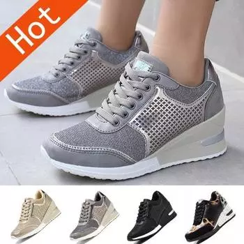 Кроссовки на танкетке, женская повседневная обувь на вулканизированной платформе, увеличивающая рост обувь для женщин 35 чёрный