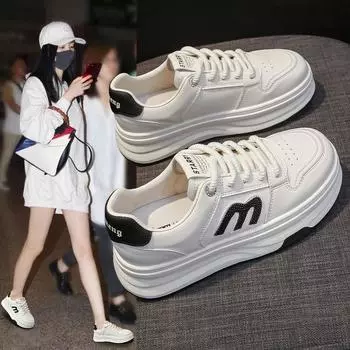 Кроссовки на толстой подошве, увеличивающие рост, весна и осень, новые кожаные белые туфли, женская обувь, универсальные и легкие повседневные кроссовки 35