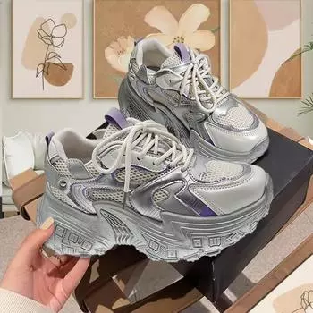 Кроссовки на толстой подошве женские Кроссовки женские Тенденции 2024 Лето Осень Толстая подошва Папины Туфли Женские Модные Кроссовки на платформе Дамы 35 серебряный
