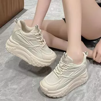 Кроссовки на высоком каблуке 10 см, массивные, повседневные, осенне-весенние, на платформе, на танкетке, модные, дышащие, женские, летние туфли 35 бежевый