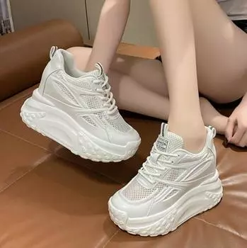 Кроссовки на высоком каблуке 10 см, массивные, повседневные, осенне-весенние, на платформе, на танкетке, модные, дышащие, женские, летние туфли 35 бежевый