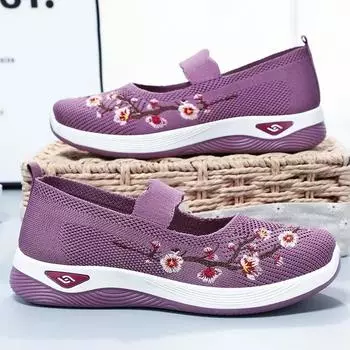 Кроссовки Non-slipSoft Sole Mom Summer Breathable Mesh Вышивка Повседневная обувь для женщин Комфорт Легкие плоские кроссовки для женщин 36 чёрный