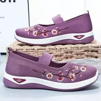 Кроссовки Non-slipSoft Sole Mom Summer Breathable Mesh Вышивка Повседневная обувь для женщин Комфорт Легкие плоские кроссовки для женщин 36 чёрный