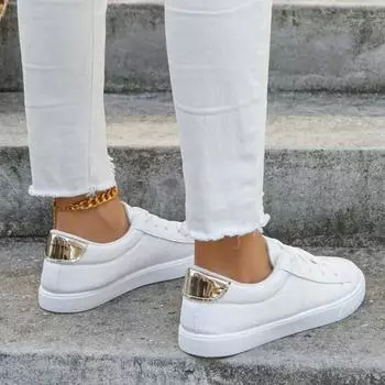 Кроссовки, новые маленькие белые туфли, женская весенне-осенняя повседневная женская обувь с круглой головкой и большим размером на плоской подошве на шнуровке 35 золотой