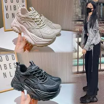 Кроссовки Pop с толстой подошвой из кожи, повседневные женские туфли, универсальные кроссовки для бега 35 чёрный