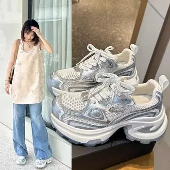 Кроссовки Pops Shoes Silver Thick Bottom Pops Shoes Женские летние трендовые кроссовки с дышащей сеткой для увеличения роста 36 серебряный