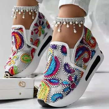 Кроссовки с цветной вышивкой на танкетке, кроссовки для бега 36 белый