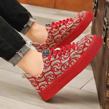 Кроссовки с красной подошвой Paisley для мужчин, спортивная обувь на шнуровке 2024, мужские повседневные стильные парусиновые туфли для молодежи, кеды для мальчиков CN 39 (inner 24.5cm красный