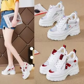 Кроссовки с сетчатой подкладкой, летние, дышащие, женские, на толстой подошве, универсальные, повседневные, для активного отдыха, повседневные, белые туфли 34